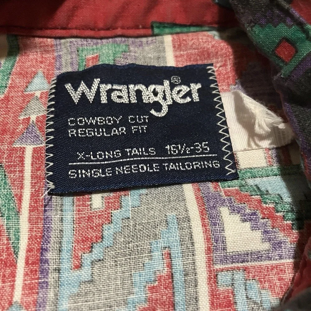 Vintage Wrangler Shirt 16.5 35 X Long Tails Brushpopper Southwestern Button Down